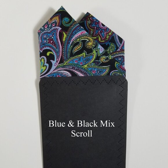 New - Blue Black Scroll Pre-Folded Pocket Square Handkerchief Insert - Picture 3 of 7